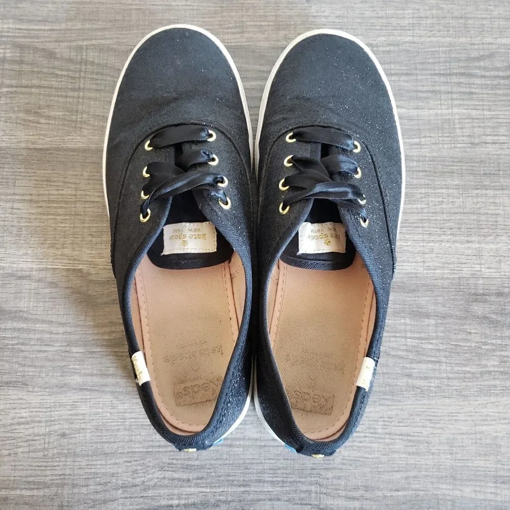 Keds x Kate Spade Champion Glitter Sneaker Shoes Satin Lace Black Sz Women's 5.5